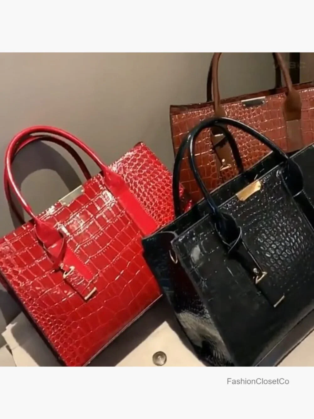 PU Leather Top Handle Satchel Handbag Crocodile Pattern Shoulder Bag Tote